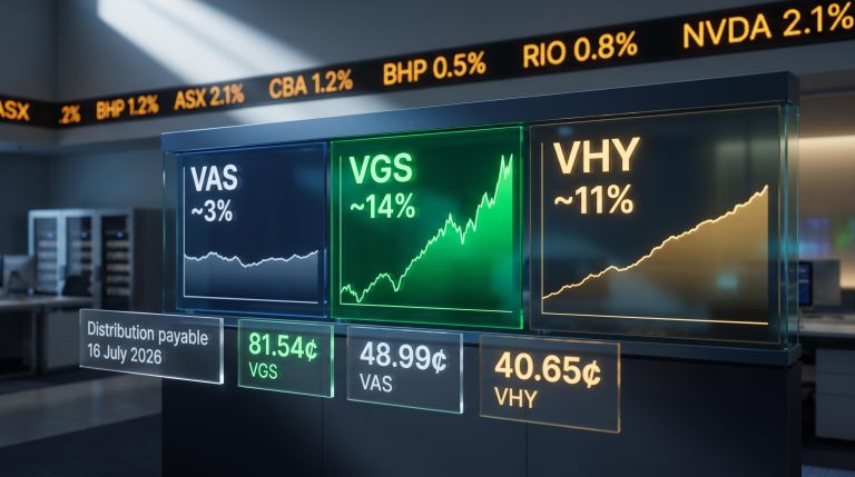 Three Vanguard ETF screens showing VGS 14%, VHY 11%, VAS 3% FY26 returns with July 2026 distribution data