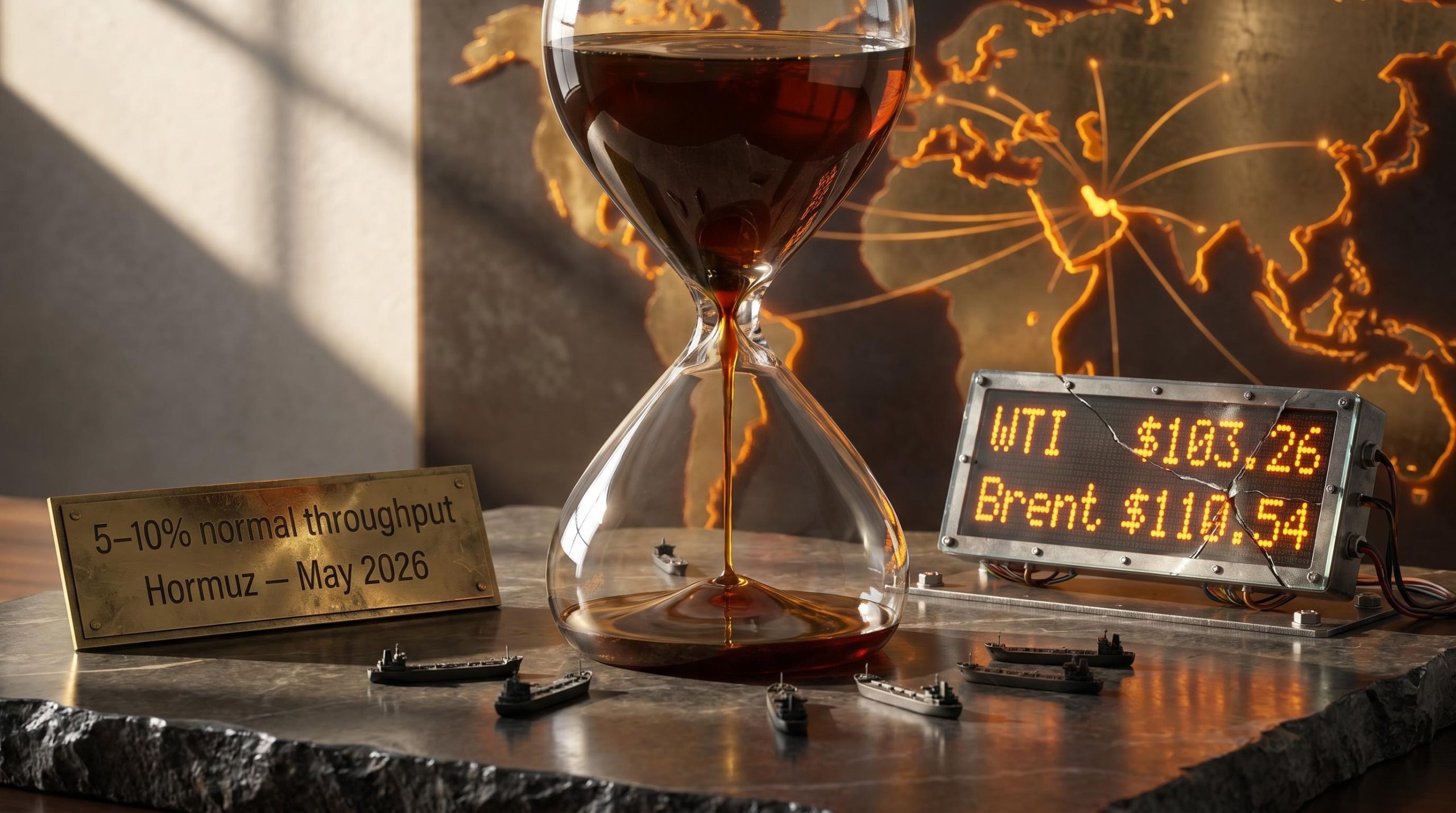 Glass hourglass throttling oil flow through Hormuz chokepoint with WTI $103.26 and Brent $110.54 ticker — geopolitical risk investing