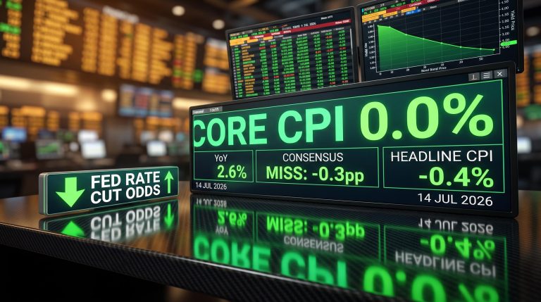 BLS terminal shows core CPI 0.0% on 14 Jul 2026, missing consensus by 0.3pp as US CPI report shifts Fed rate-cut odds
