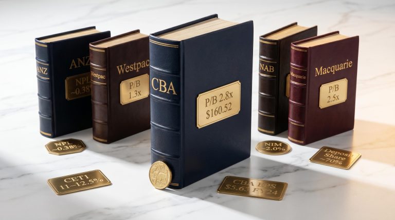 CBA, ANZ, NAB, Westpac and Macquarie bank ledgers with P/B ratios and CET1 figures for ASX bank stock valuation