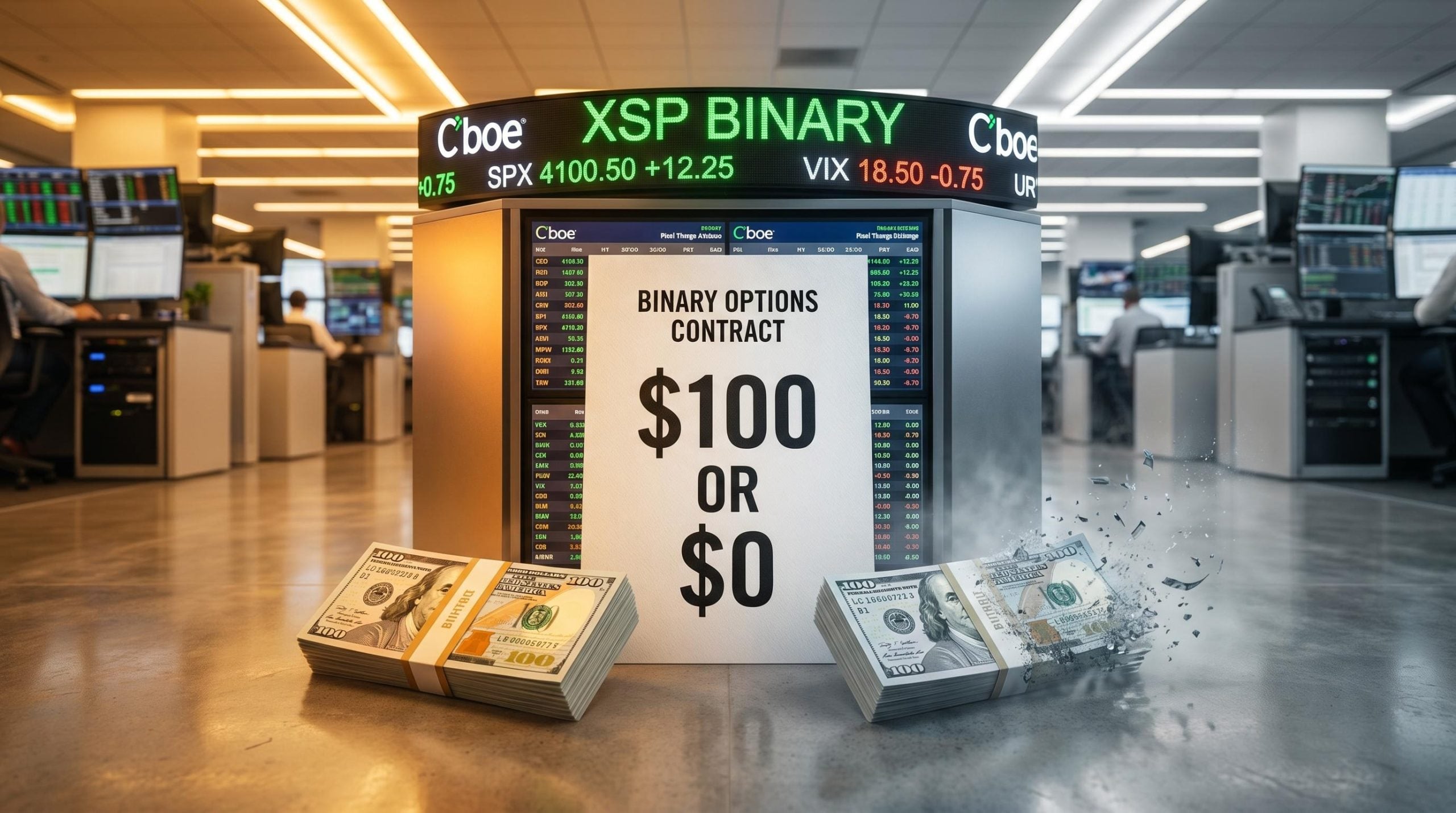 Cboe XSP binary options contract showing $100 or $0 outcome as Charles Schwab prepares retail launch