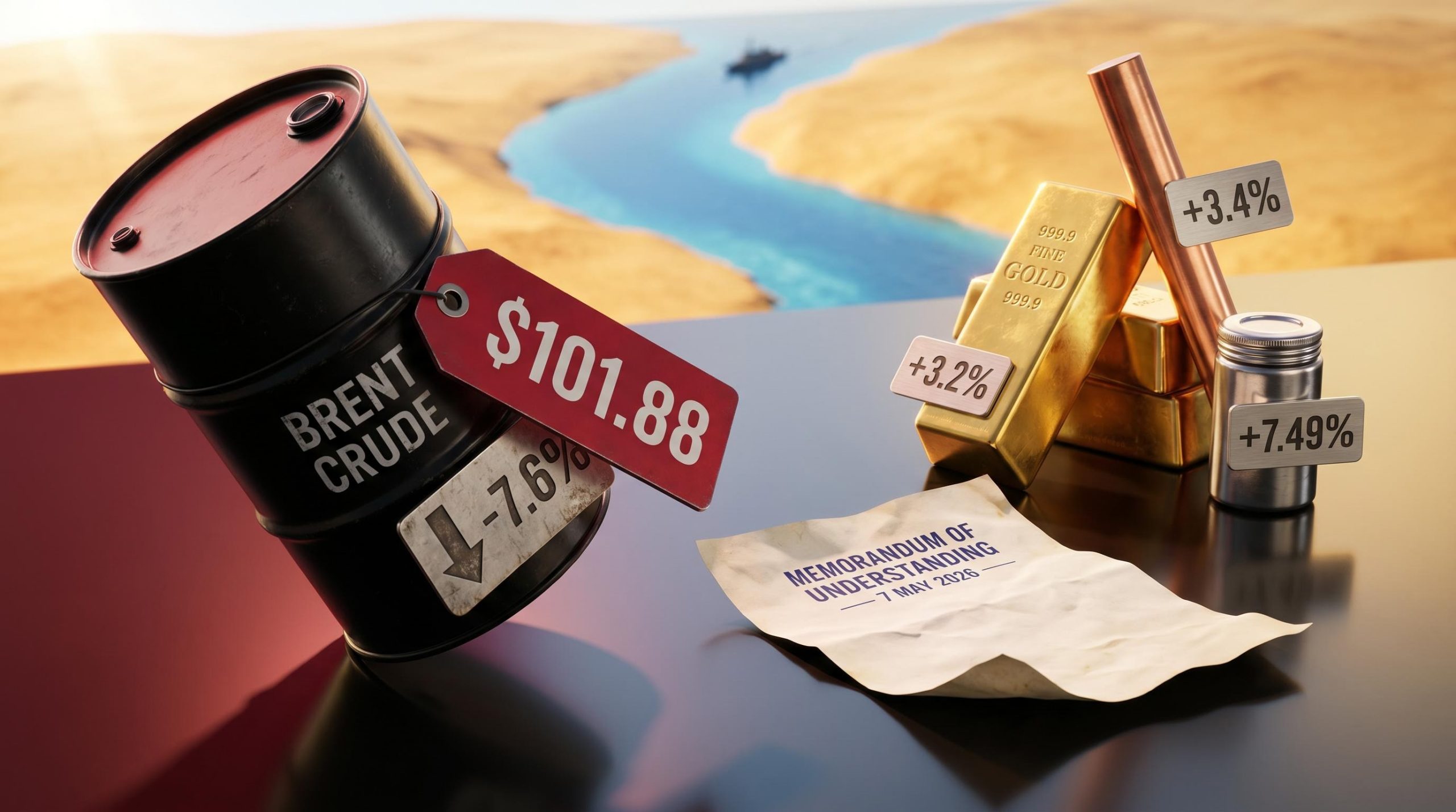Brent crude barrel falling to $101.88 beside rising gold and metals as US-Iran deal MOU signals Hormuz reopening