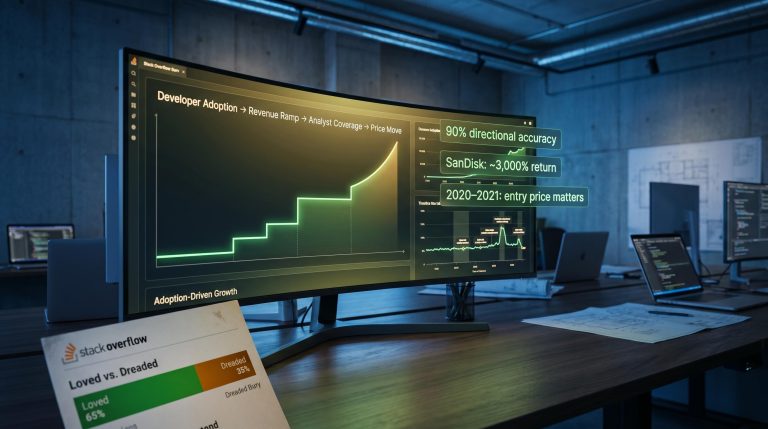 Trading monitor displays developer adoption-to-price-move curve with 90% accuracy signal — tech stack investment strategy
