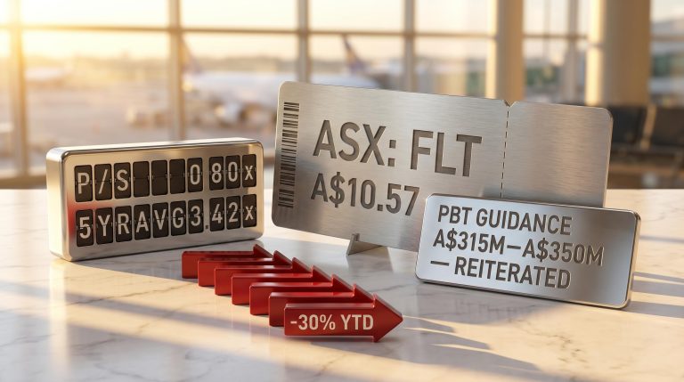 Flight Centre ASX:FLT share analysis showing 0.80x P/S vs 3.42x average with PBT guidance reiterated at A$315M–A$350M