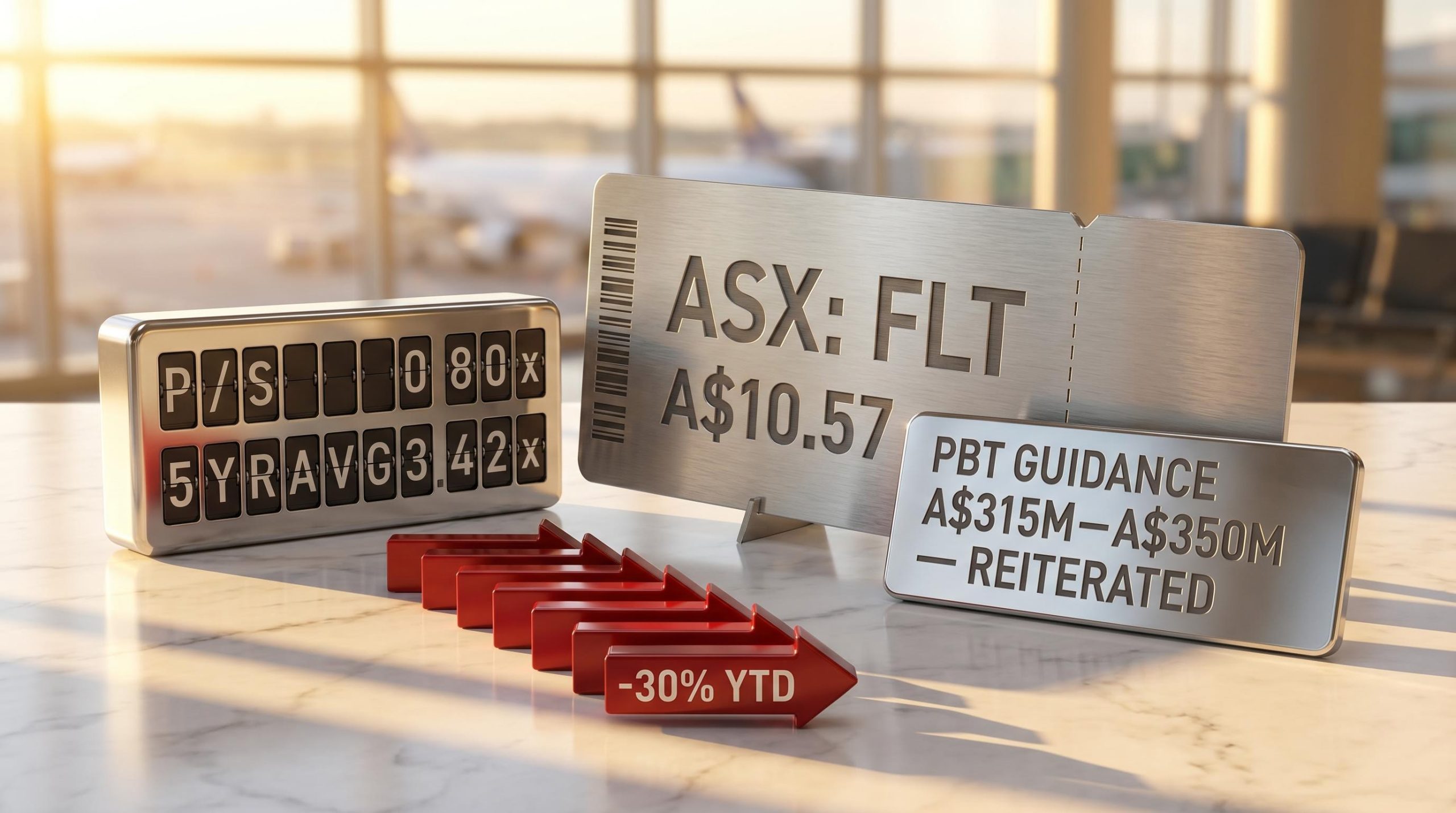 Flight Centre ASX:FLT share analysis showing 0.80x P/S vs 3.42x average with PBT guidance reiterated at A$315M–A$350M