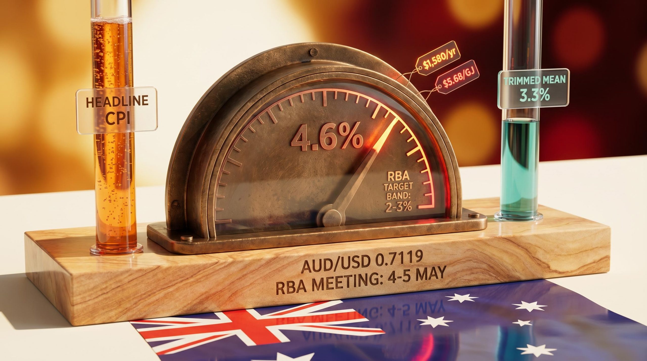 Australia inflation rate gauge hitting 4.6% with RBA meeting date and AUD/USD 0.7119 etched into scene