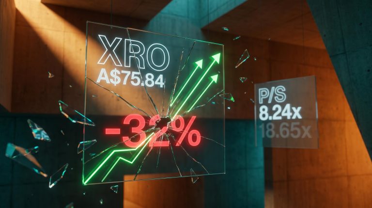 XRO share price panel fractured at -32% with green revenue lines surging through cracks, P/S at 8.24x