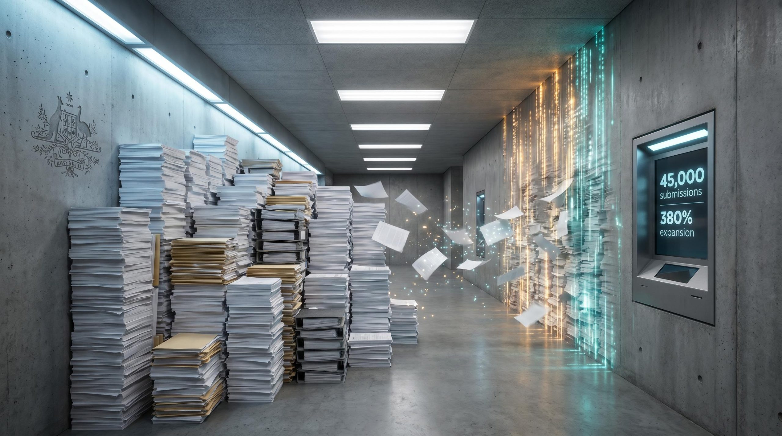 ASIC regulatory simplification: paper-based submissions dissolving into digital streams showing 45,000 forms eliminated