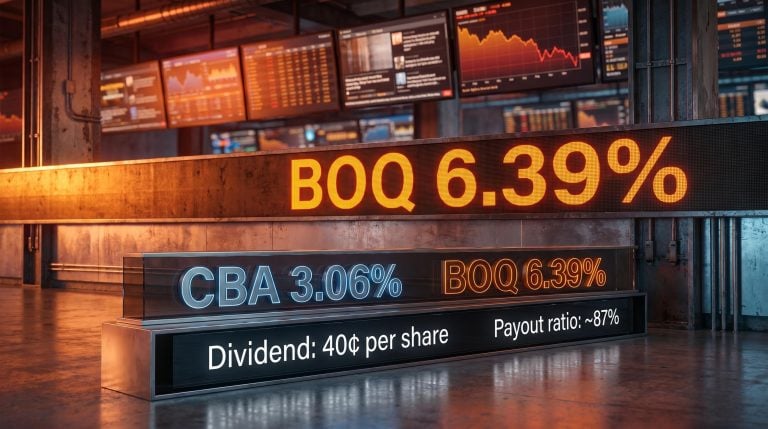BOQ 6.39% dividend yield ticker board with payout ratio and CBA comparison data on trading floor screens