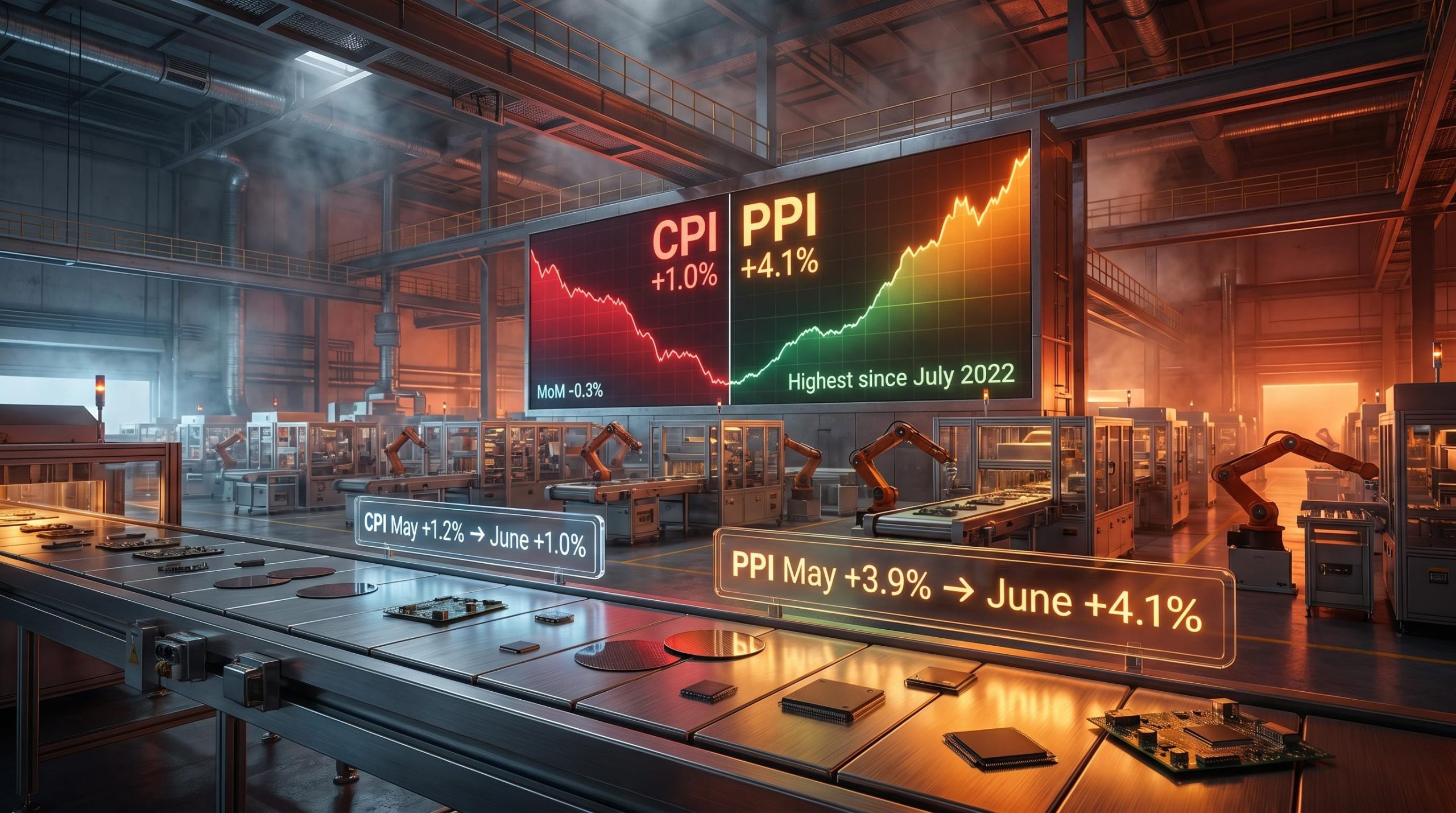 China factory floor split display showing CPI 1.0% vs PPI 4.1%, the widest inflation divergence since July 2022