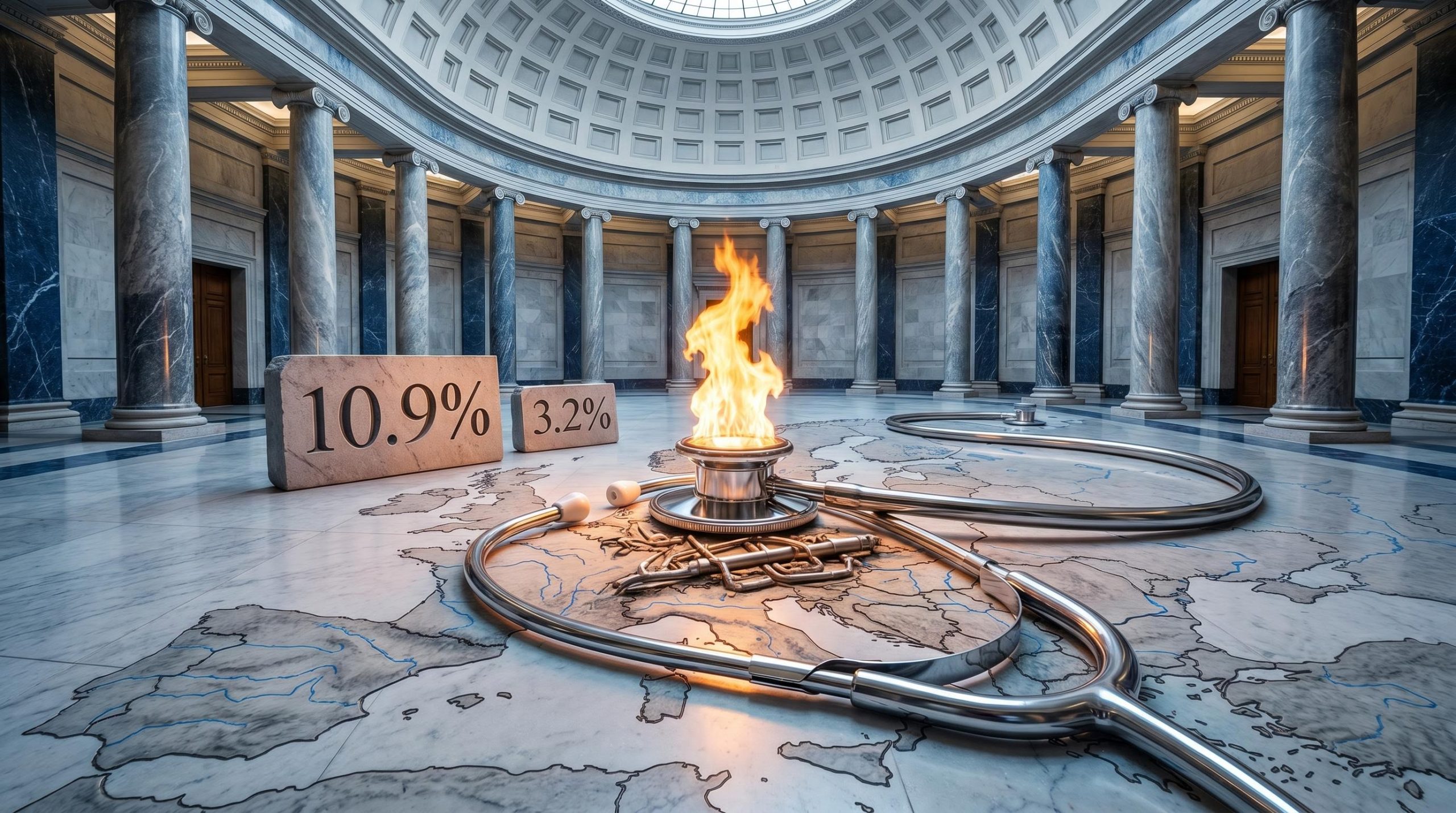 Chrome stethoscope over eurozone floor map with energy surge flame engraved "10.9%" — ECB rate hike analysis