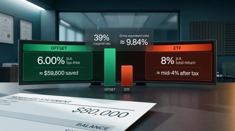 Offset account vs ETF investing comparison screen showing 9.84% gross equivalent yield under 2027 CGT reforms