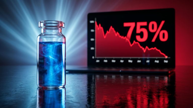 Imugene AZER-Cel vial glowing blue beside a 75% stock decline chart — clinical data vs share price disconnect