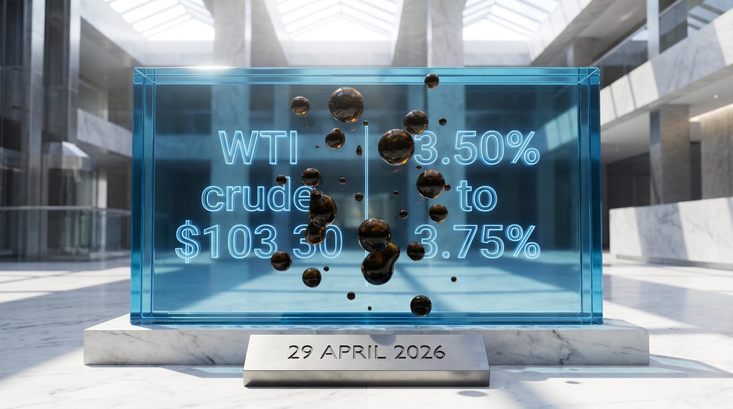 Engraved WTI crude $103.30 and Fed rate data splashed with oil, illustrating the geopolitical impact on stocks