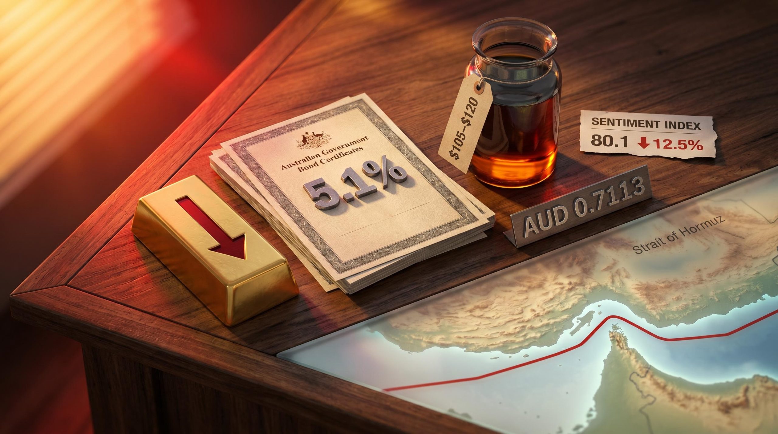 Gold bar, bond certificates at 5.1%, and oil vessel at $105–$120 on a financial desk amid Iran War supply shock