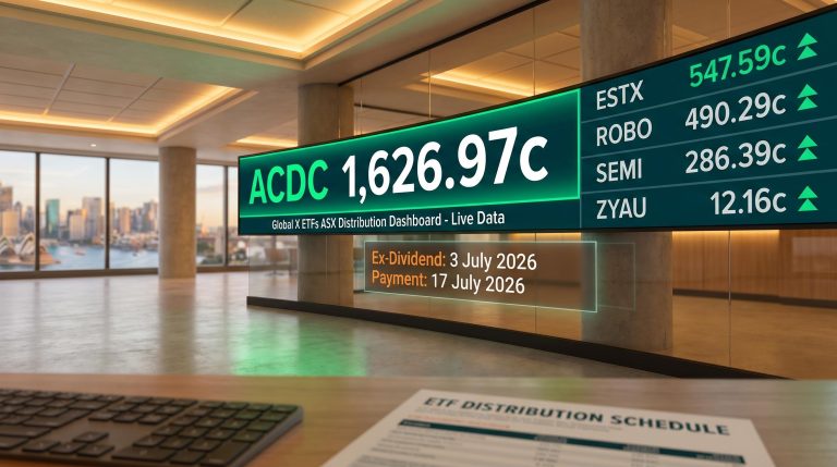 Global X ASX ETF distribution dashboard showing ACDC 1,626.97c headline payout ahead of 3 July 2026 ex-dividend date