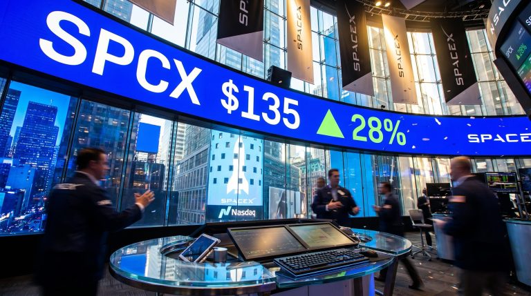 SpaceX SPCX ticker blazing on the Nasdaq board showing 28% gain on the largest IPO debut in history