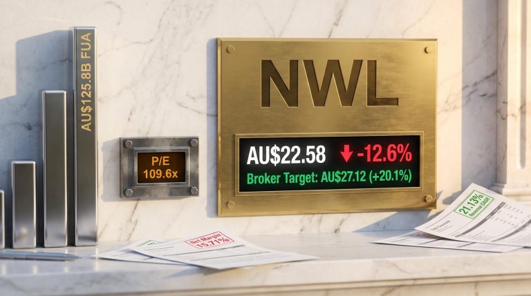 NWL brass plaque showing AU$22.58 share price, -12.6% decline, and AU$27.12 broker target on marble wall