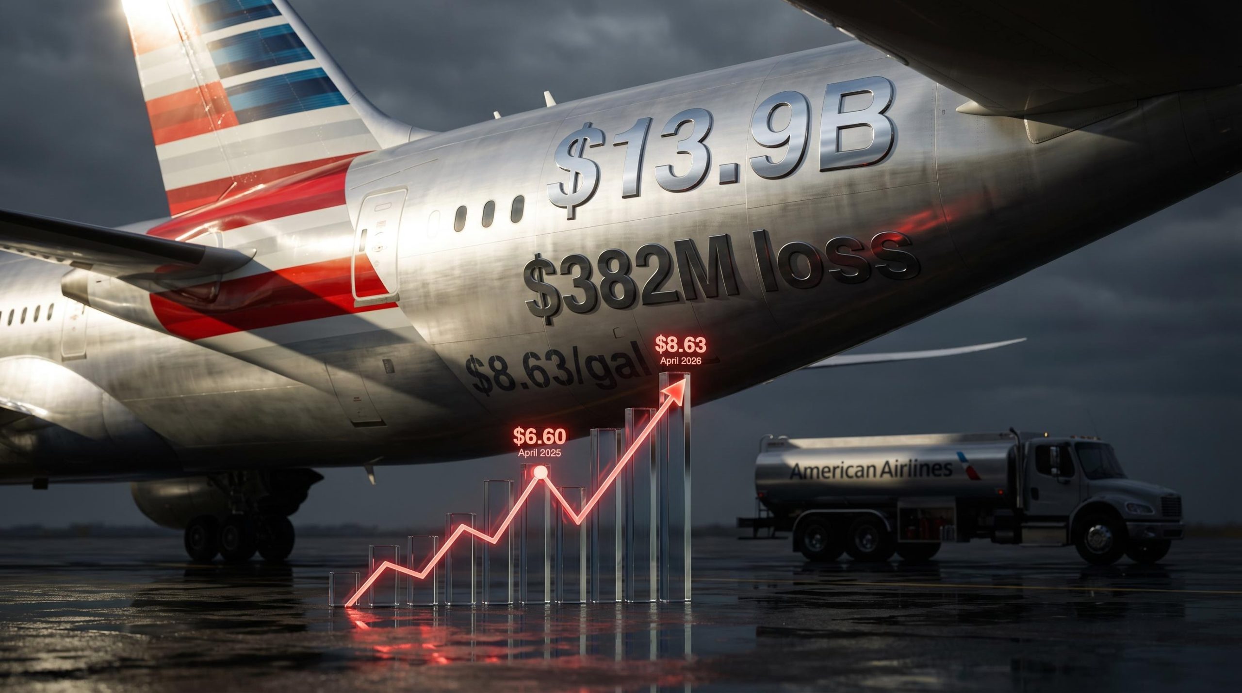 American Airlines aircraft with Q1 revenue $13.9B, $382M loss, and $8.63 jet fuel price amid dramatic shadows