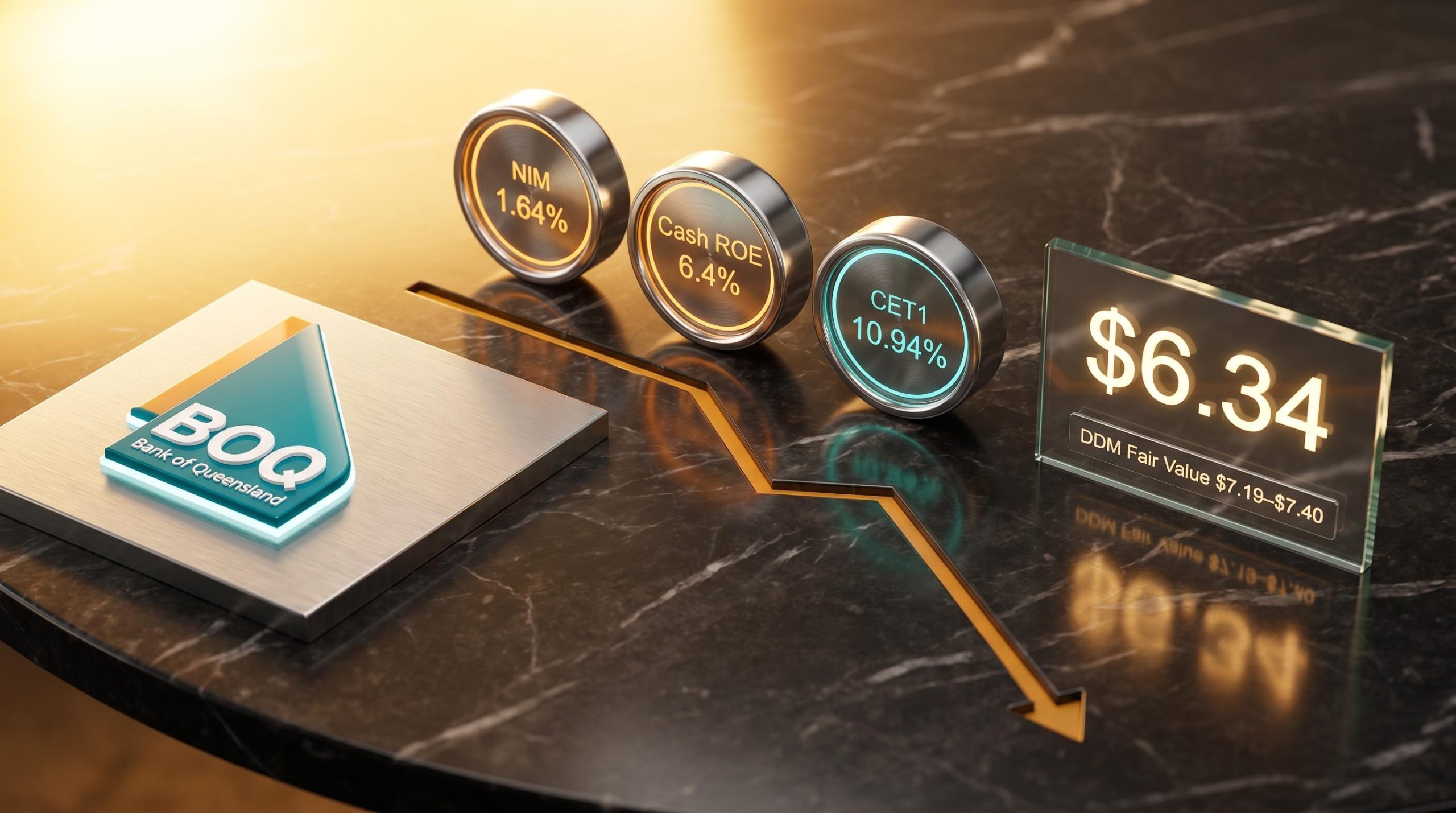 BOQ share price at $6.34 against DDM fair value $7.19–$7.40 with NIM, ROE and CET1 metrics displayed
