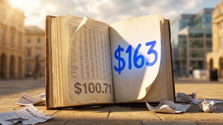 Giant open ledger showing quantitative bank stock valuation of $100.71 versus market price $163, broker sell notes scattered beneath
