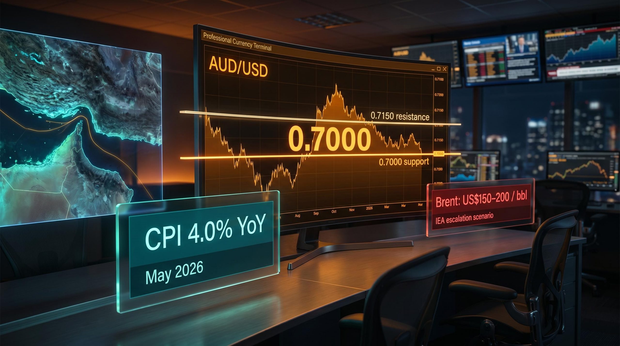 AUD/USD at 0.7000 on trading terminal with Strait of Hormuz map and May 2026 CPI 4.0% data overlay