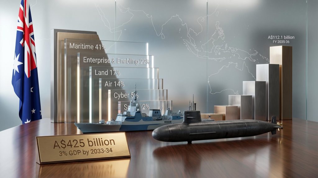 Australian naval vessels with A$425 billion budget allocation and 3% GDP target displayed on strategic planning table