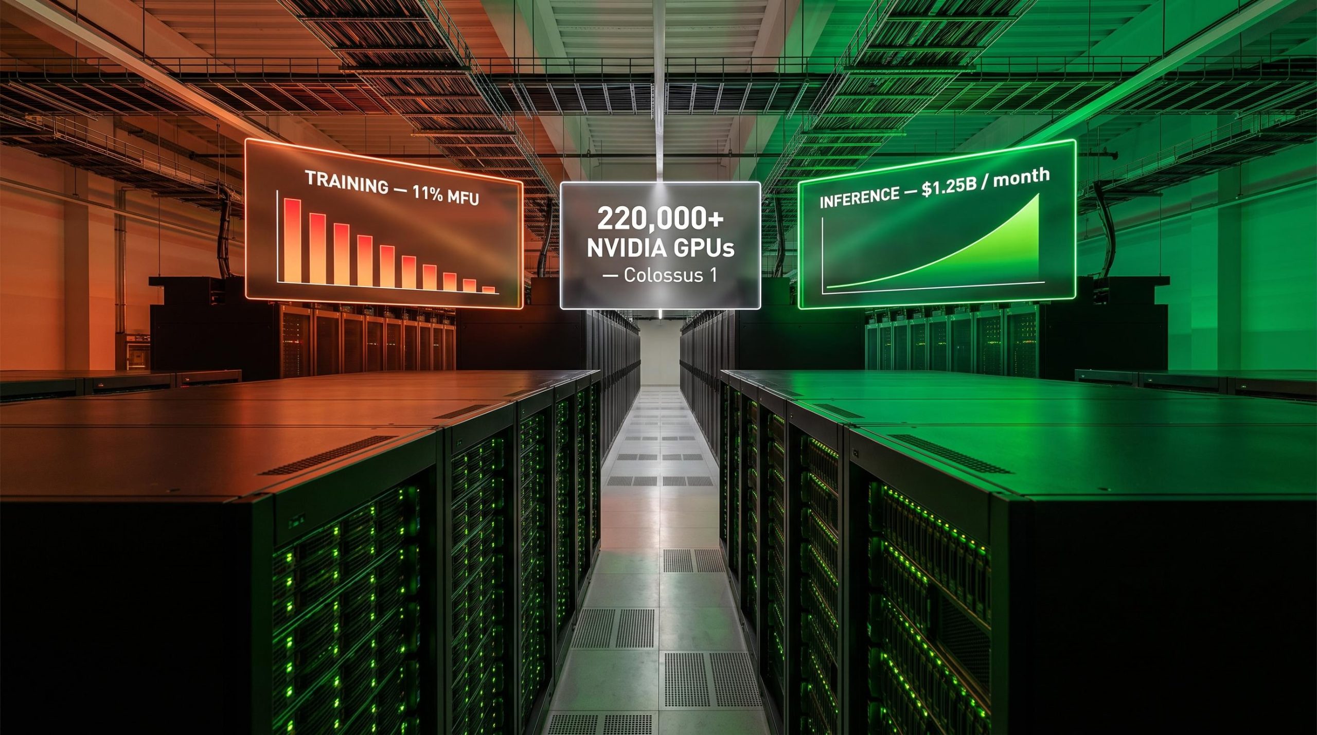 Colossus 1 GPU server hall split between 11% training MFU and $1.25B/month inference lease panels