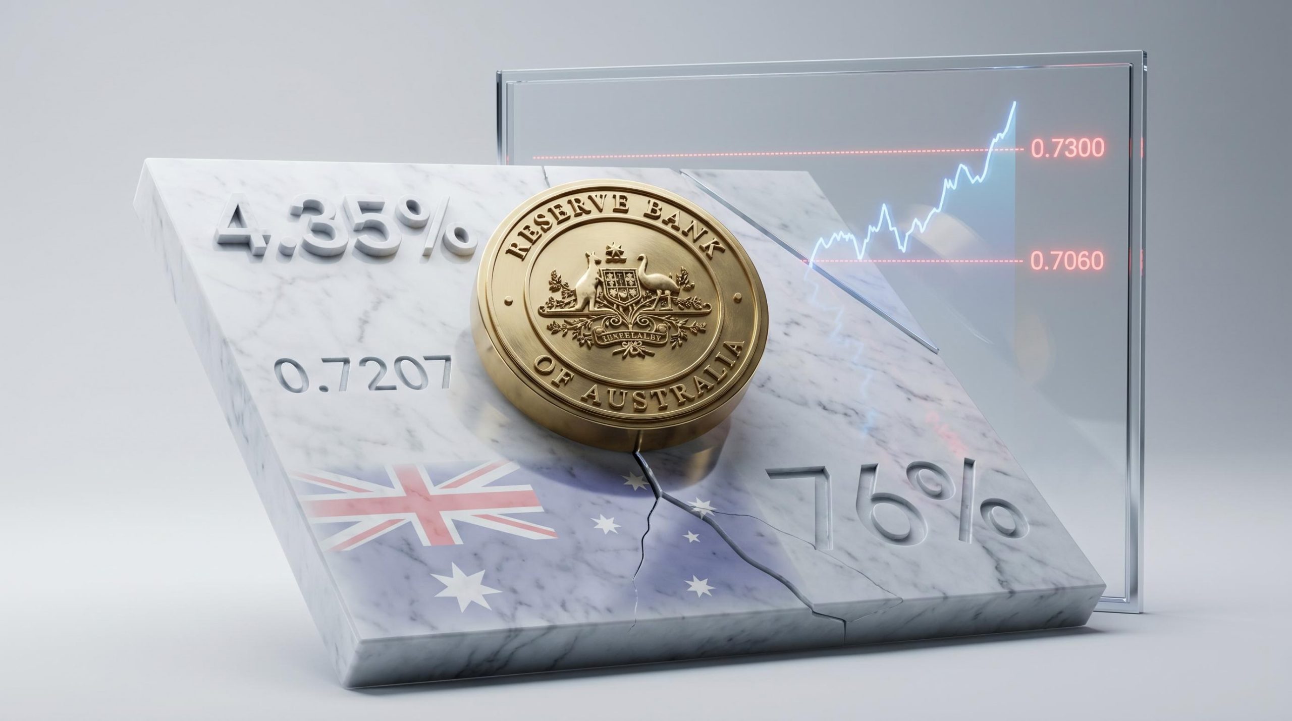 RBA rate decision: brass central bank seal on marble with 4.35% cash rate and AUD/USD 0.7207 levels engraved