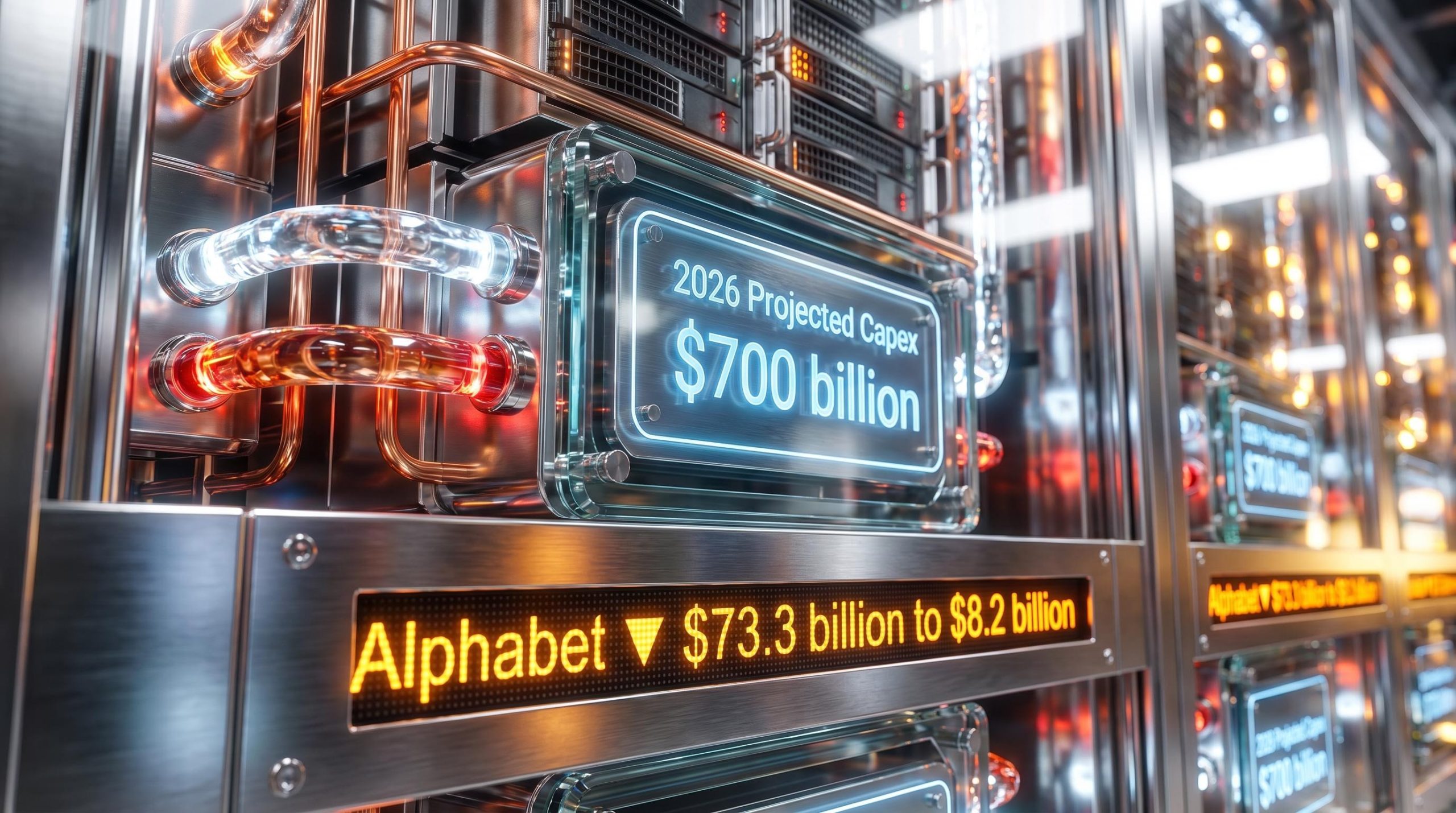 Liquid-cooled hardware displaying a 2026 AI infrastructure investment of $700 billion alongside plunging free cash flow data.