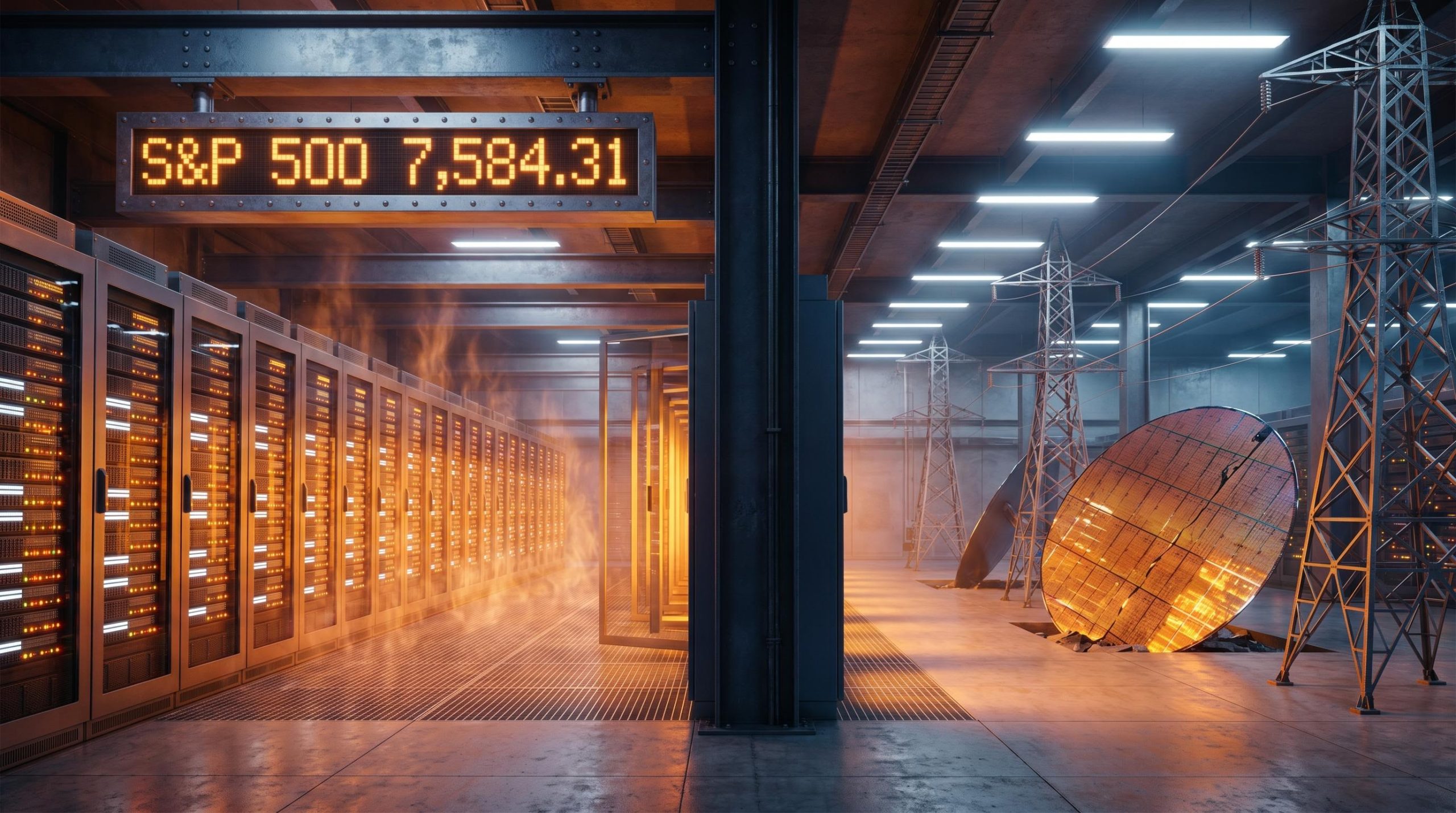 AI data centre server racks under amber industrial light with S