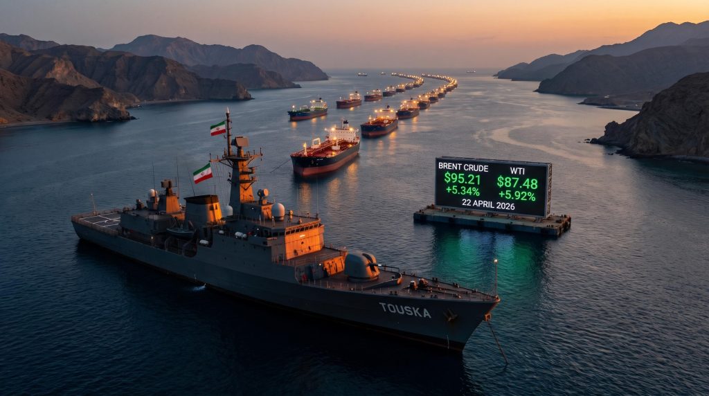 Iranian naval vessel Touska blocking Strait of Hormuz with oil tankers queued as Brent crude surges to $95.21