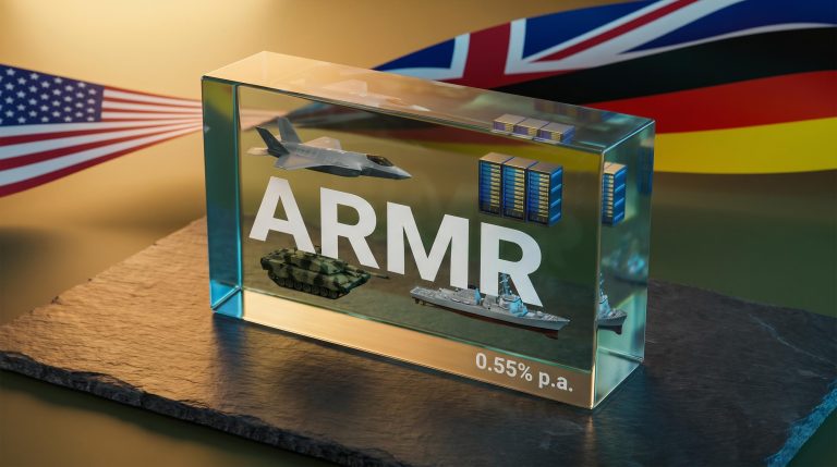 ARMR Betashares Global Defence ETF acrylic block holding miniature fighter jet, tank and naval vessel with 0.55% fee etched in