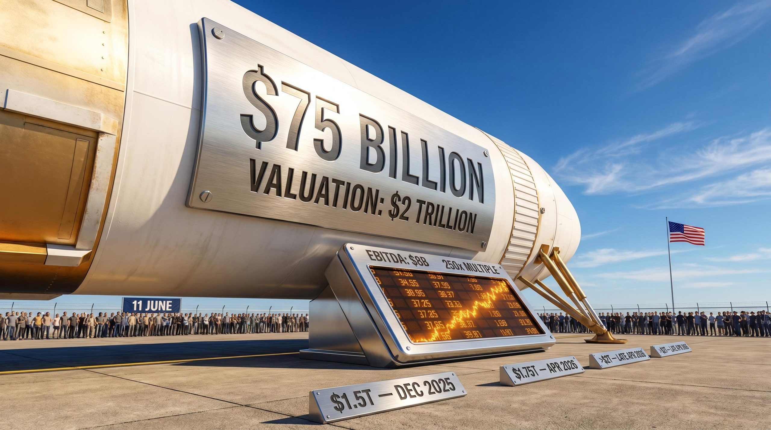 SpaceX Falcon 9 rocket on launch pad with $75 billion IPO raise and $2 trillion valuation figures etched in steel