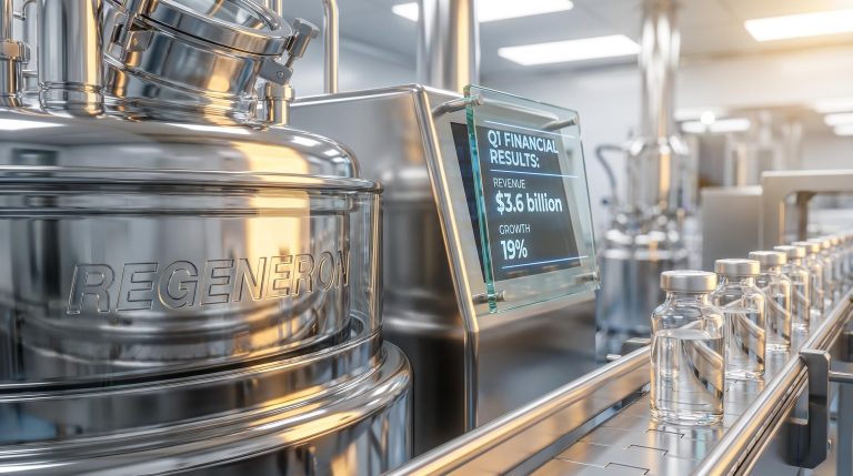 Regeneron stock earnings display showing $3.6 billion and 19% integrated into a bright, modern pharmaceutical bioreactor.