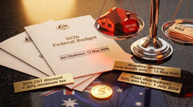 2026 Australian Budget tax reform documents with CGT, negative gearing, and trust distribution changes for investors