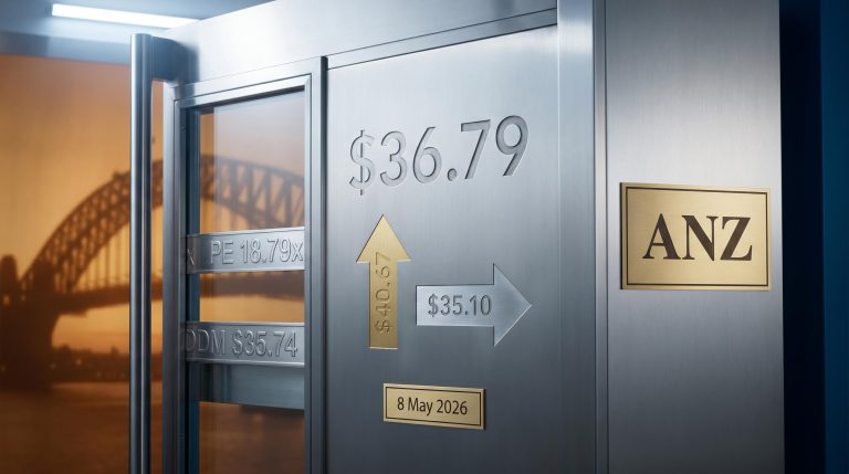 ANZ share valuation at $36.79 with PE upside of $40.67 versus DDM fair value of $35.10 in May 2026