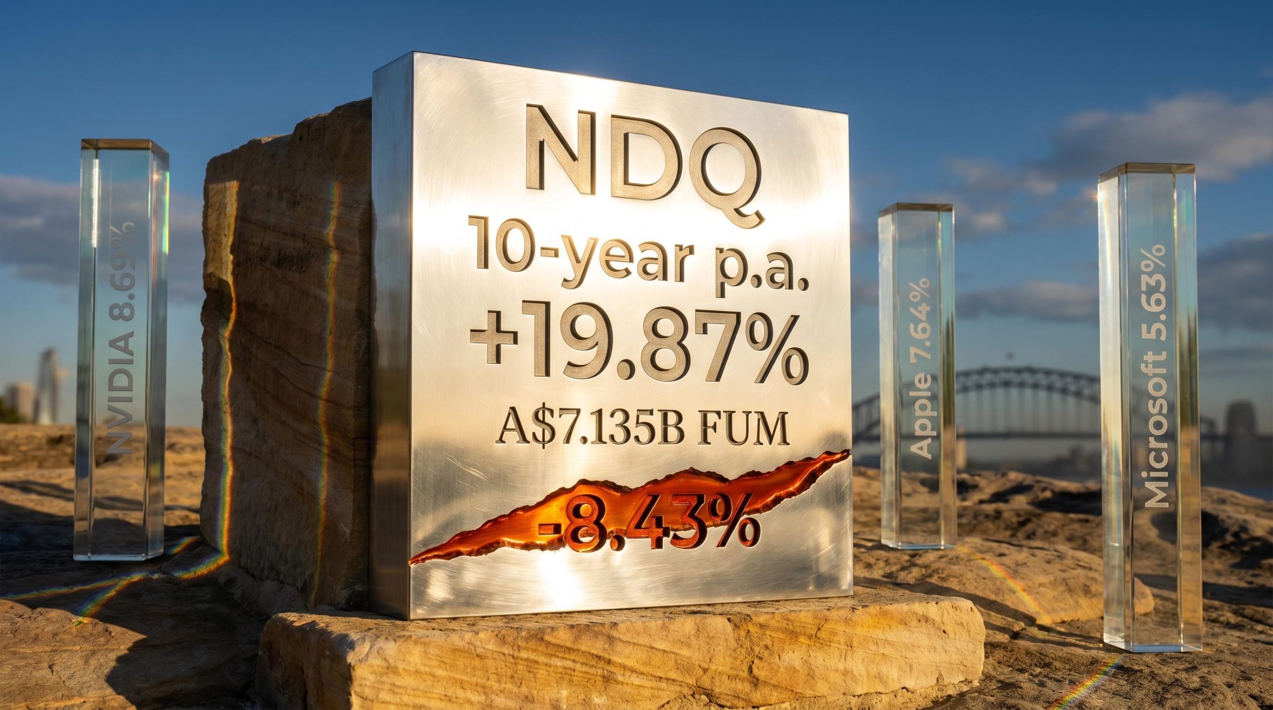 BetaShares NDQ ETF chrome plinth showing "19.87%" 10-year return and "-8.43%" drawdown with Sydney backdrop