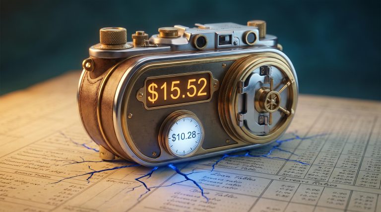 Precision instrument displaying bank valuation figure with hairline cracks beneath — qualitative analysis of valuing bank shares