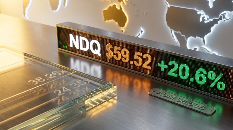 BetaShares Nasdaq 100 ETF NDQ hits record $59.52 with 38.26x trailing P/E and $8.59B AUM displayed