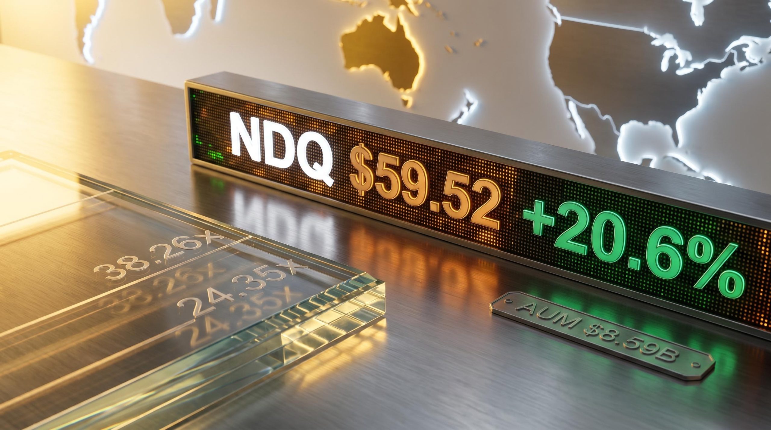 BetaShares Nasdaq 100 ETF NDQ hits record $59.52 with 38.26x trailing P/E and $8.59B AUM displayed
