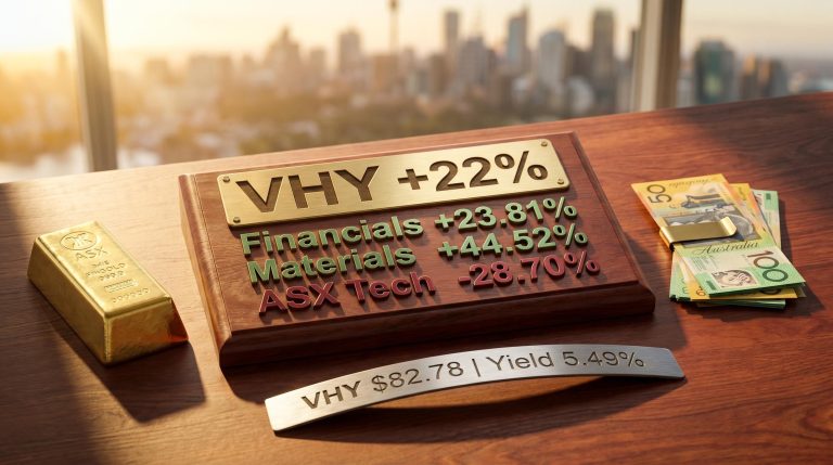 VHY high yield ETF brass plaque showing 22% total return, financials 23.81%, materials 44.52%, ASX tech -28.70%