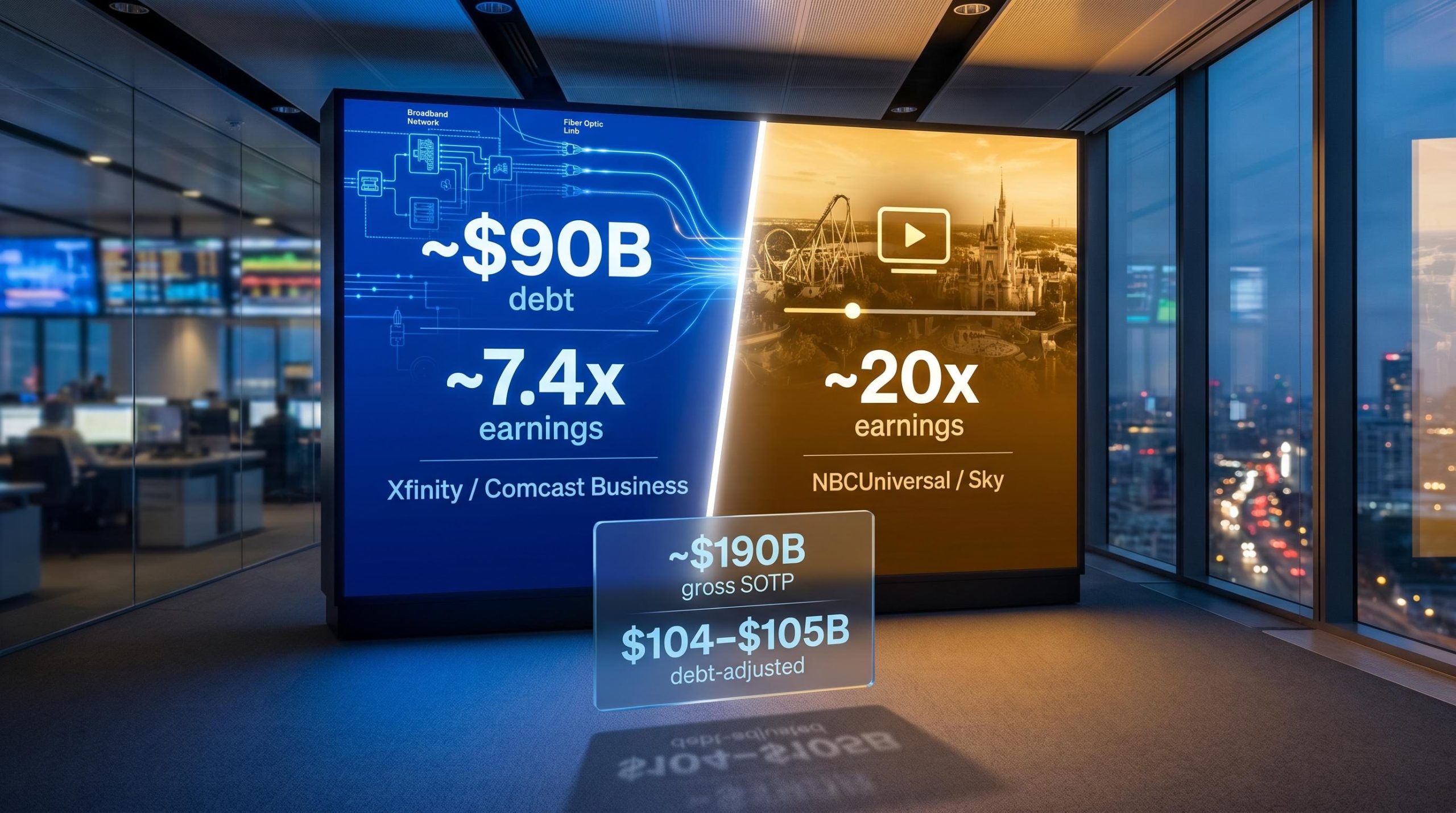 Comcast split illustrated as bisected panel showing 7.4x connectivity vs 20x NBCUniversal multiples with $190B SOTP overlay