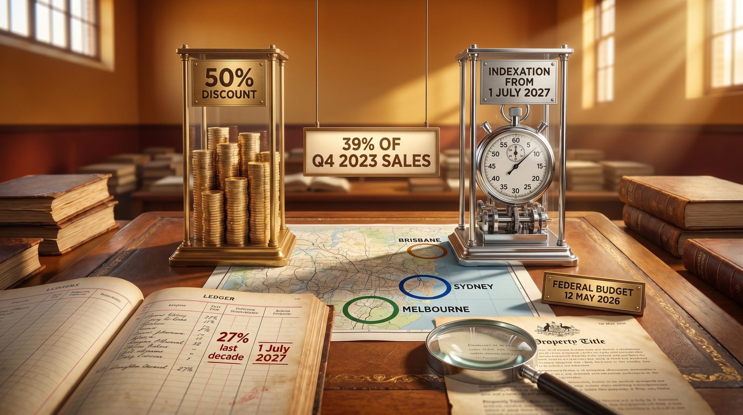 Twin CGT columns — 50% discount vs. indexation — over an Australian city map marking Sydney, Melbourne, Brisbane