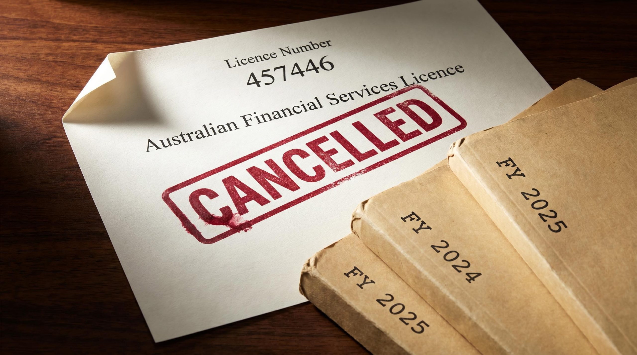 AFS licence 457446 stamped CANCELLED with three unfiled audit folders for FY2023–2025 beneath it