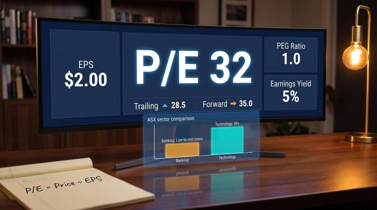 ASX research screen displaying P/E ratio of 32 alongside EPS, PEG ratio and sector comparison data panels