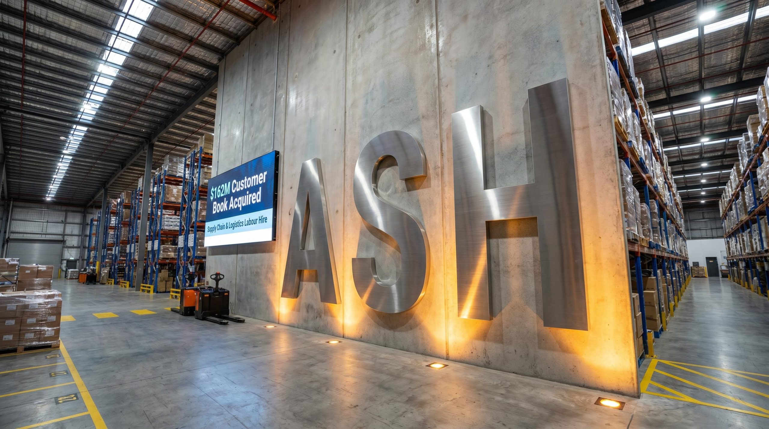 Warehouse with shelving and sign