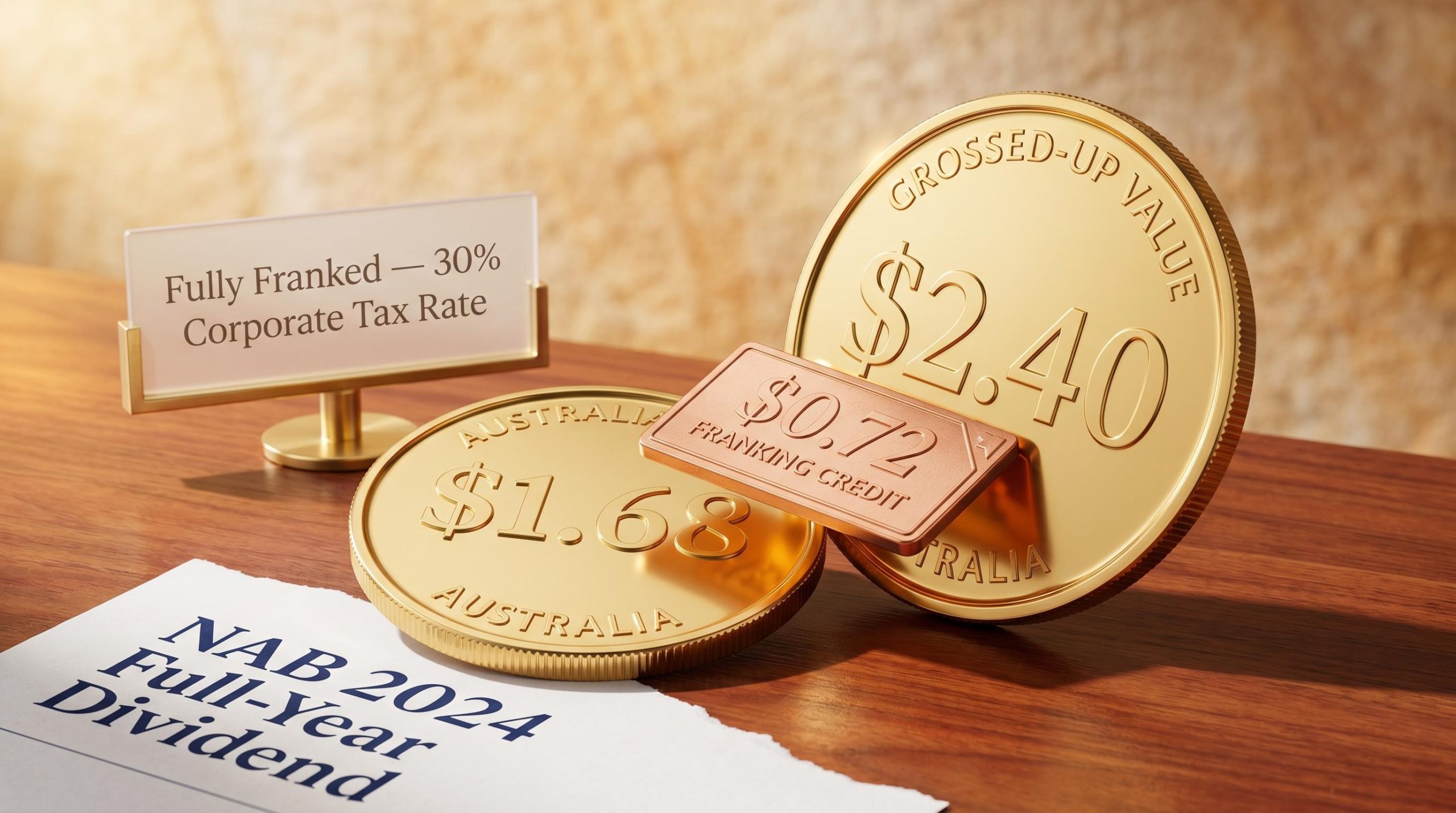 NAB fully franked dividend coins showing $1.68 cash and $2.40 grossed-up value with $0.72 franking credit