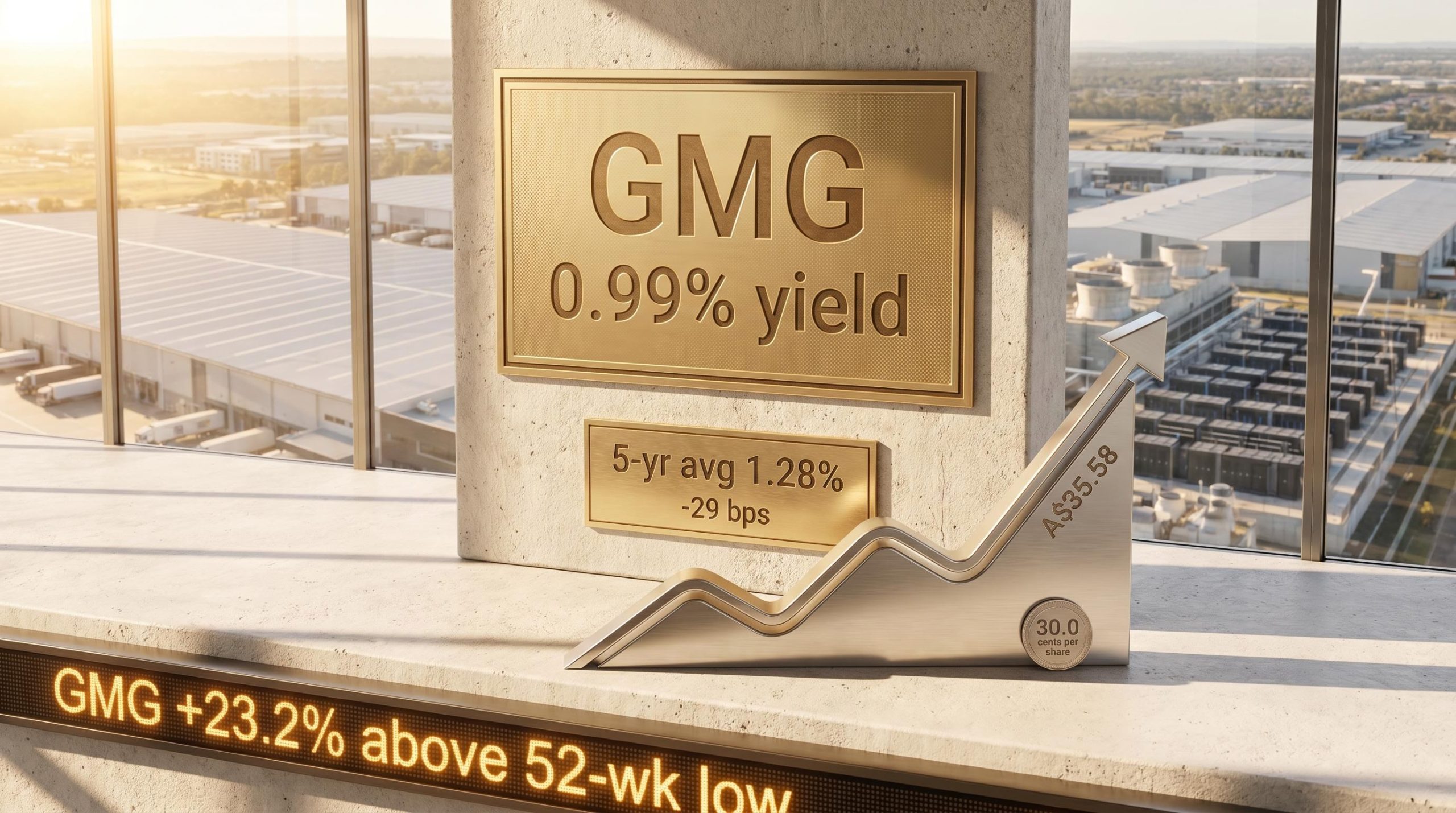 GMG dividend yield 0.99% vs 5-year average 1.28% shown on brass plaques with Goodman data centre campus