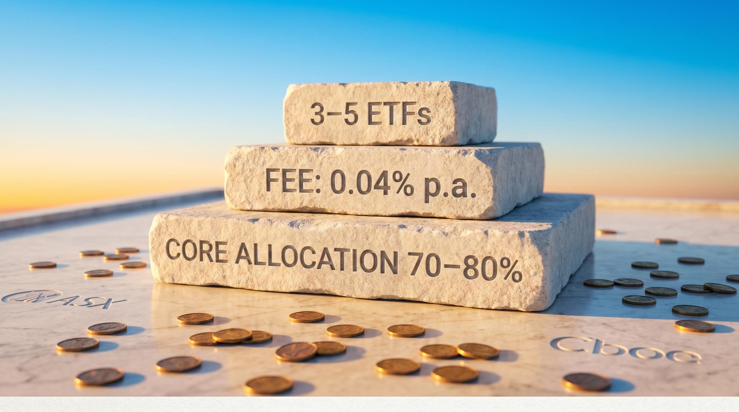 Three engraved stone slabs showing ETF investing Australia's core rules: allocation, 0.04% fees, and 3–5 ETFs